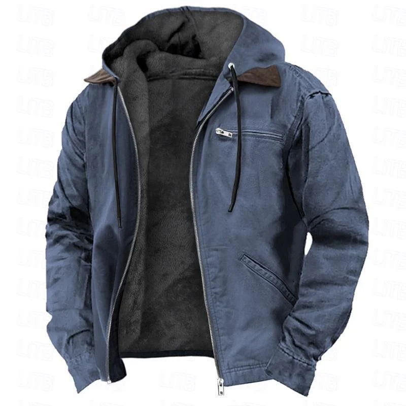 Herren Gefütterte Kapuzenjacke mit Teddyfutter, winddichtem Canvas und Reißverschlusstaschen Drune