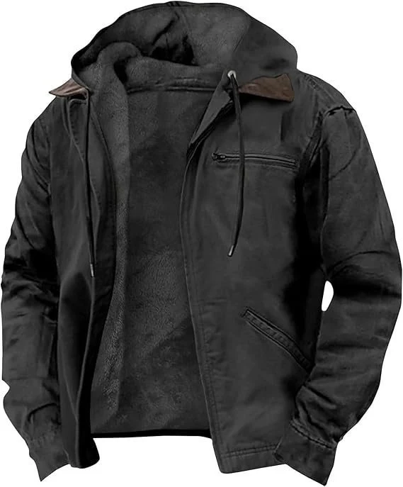 Herren Gefütterte Kapuzenjacke mit Teddyfutter, winddichtem Canvas und Reißverschlusstaschen Drune