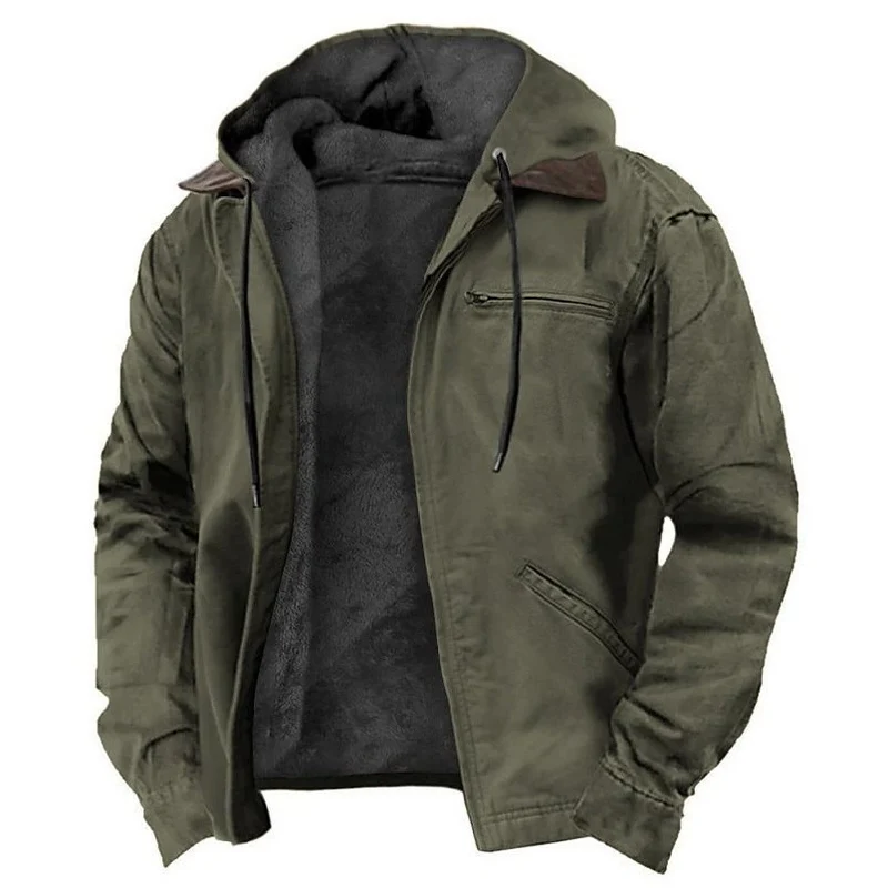 Herren Gefütterte Kapuzenjacke mit Teddyfutter, winddichtem Canvas und Reißverschlusstaschen Drune