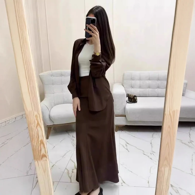 Damen Zweiteiliges Set Schlauchmaxirock mit ausgestelltem Saum und Oversize-Hemd Drune