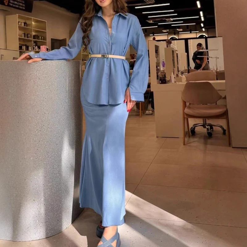 Damen Zweiteiliges Set Schlauchmaxirock mit ausgestelltem Saum und Oversize-Hemd Drune