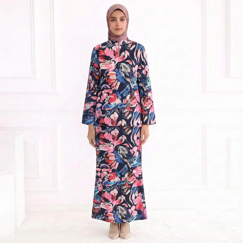 Damen Zweiteiliges Modest-Set aus Tunika mit Stehkragen und geradem Maxirock mit Blumenprint Drune