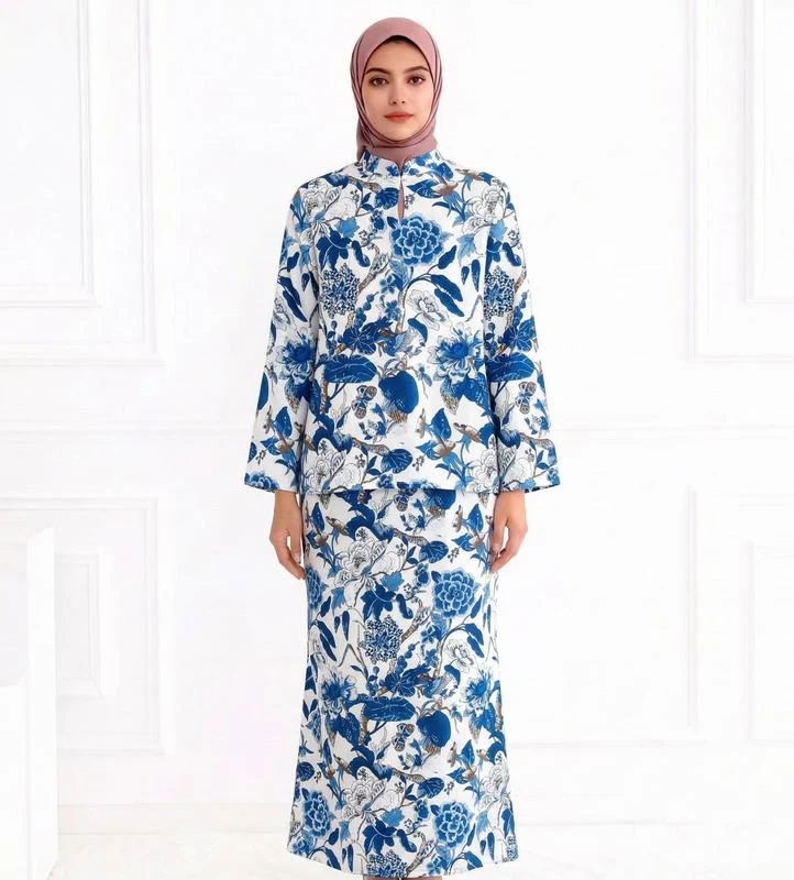 Damen Zweiteiliges Modest-Set aus Tunika mit Stehkragen und geradem Maxirock mit Blumenprint Drune