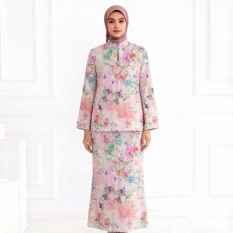 Damen Zweiteiliges Modest-Set aus Tunika mit Stehkragen und geradem Maxirock mit Blumenprint Drune