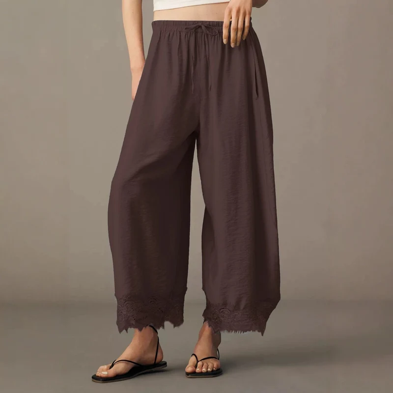 Damen Weite Palazzo-Hose mit elastischem Tunnelzugbund und Spitzenbesatz Drune