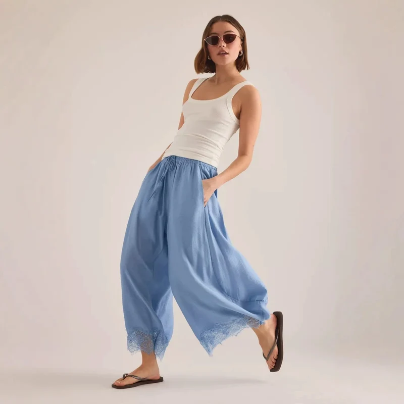 Damen Weite Palazzo-Hose mit elastischem Tunnelzugbund und Spitzenbesatz Drune