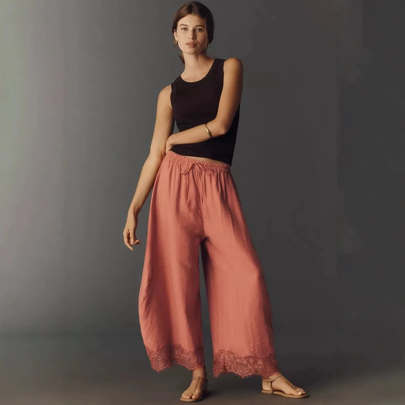 Damen Weite Palazzo-Hose mit elastischem Tunnelzugbund und Spitzenbesatz Drune