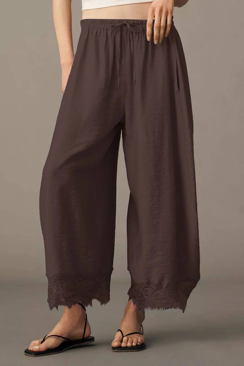 Damen Weite Palazzo-Hose mit elastischem Tunnelzugbund und Spitzenbesatz Drune