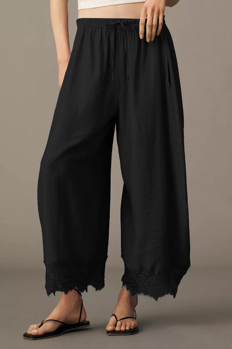 Damen Weite Palazzo-Hose mit elastischem Tunnelzugbund und Spitzenbesatz Drune