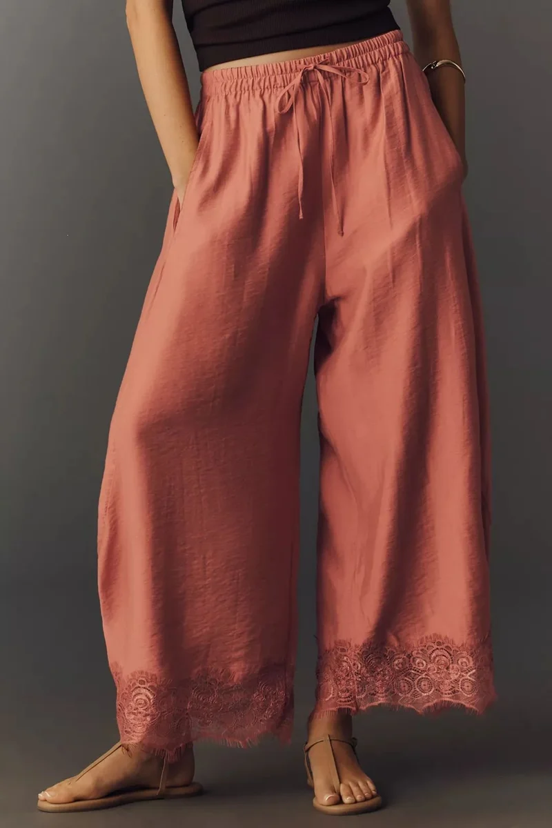 Damen Weite Palazzo-Hose mit elastischem Tunnelzugbund und Spitzenbesatz Drune
