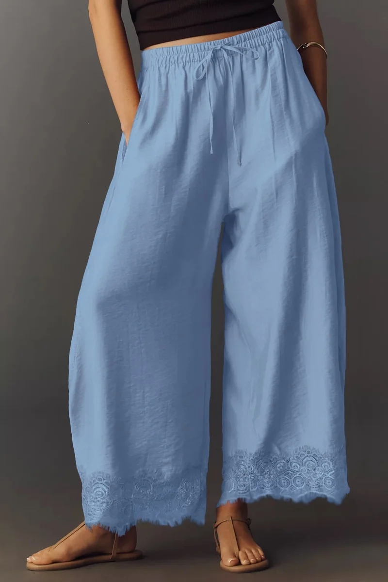 Damen Weite Palazzo-Hose mit elastischem Tunnelzugbund und Spitzenbesatz Drune