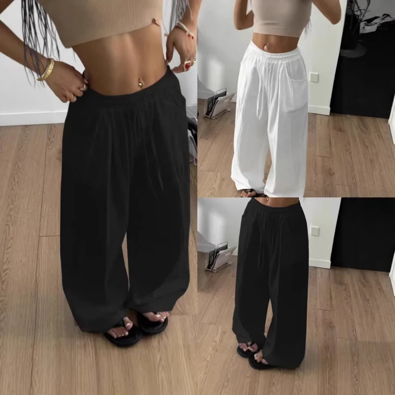 Damen Weite Leinenmix-Hose mit hohem Elastikbund, Kordelzug und Seitentaschen Drune