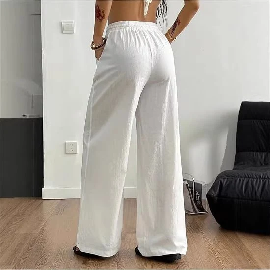 Damen Weite Leinenmix-Hose mit hohem Elastikbund, Kordelzug und Seitentaschen Drune