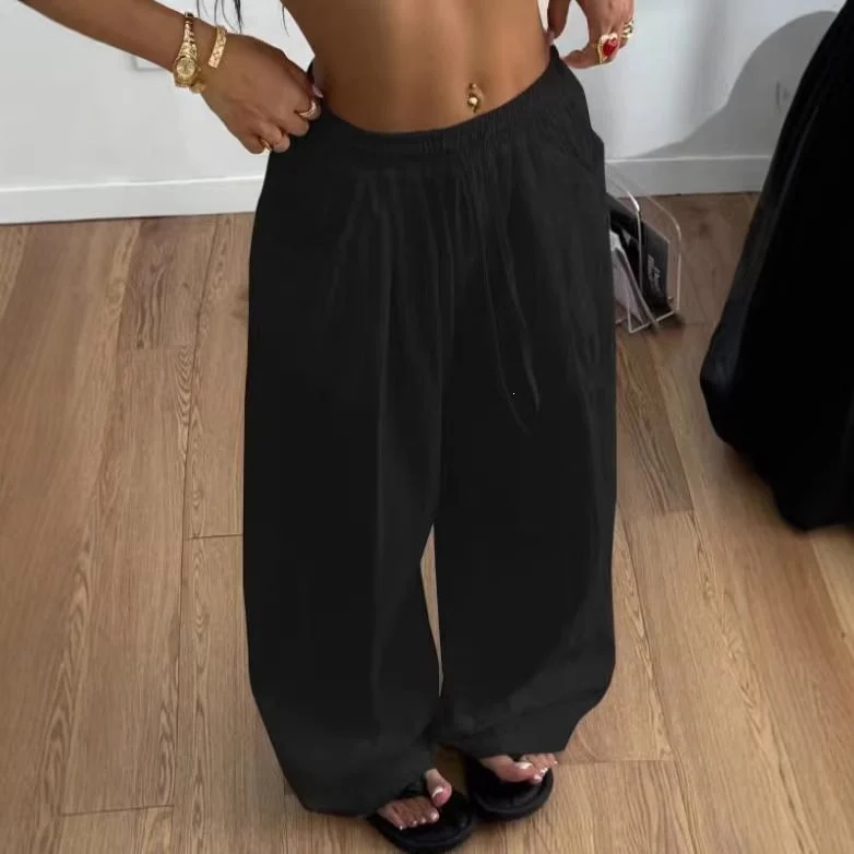Damen Weite Leinenmix-Hose mit hohem Elastikbund, Kordelzug und Seitentaschen Drune