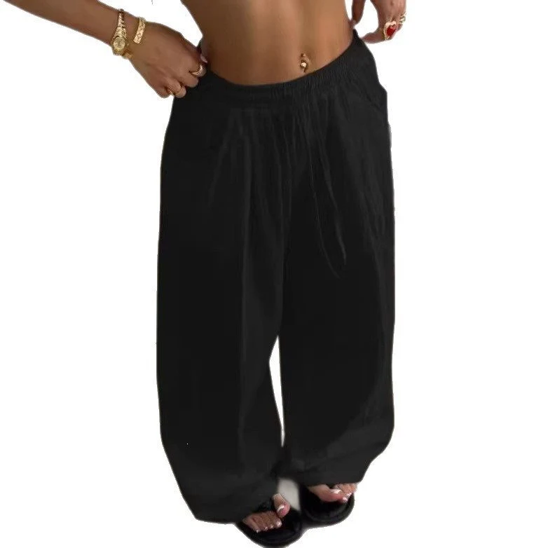 Damen Weite Leinenmix-Hose mit hohem Elastikbund, Kordelzug und Seitentaschen Drune