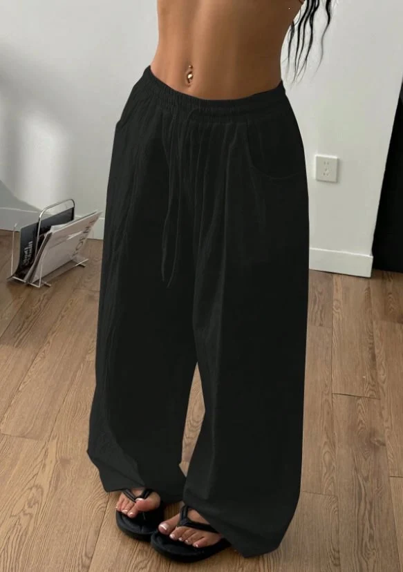 Damen Weite Leinenmix-Hose mit hohem Elastikbund, Kordelzug und Seitentaschen Drune