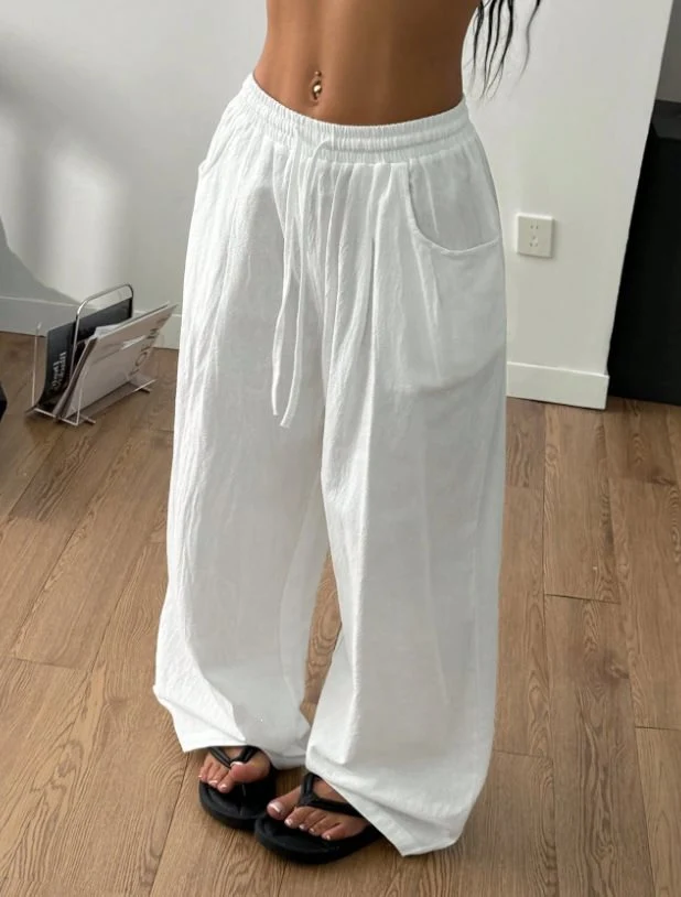 Damen Weite Leinenmix-Hose mit hohem Elastikbund, Kordelzug und Seitentaschen Drune
