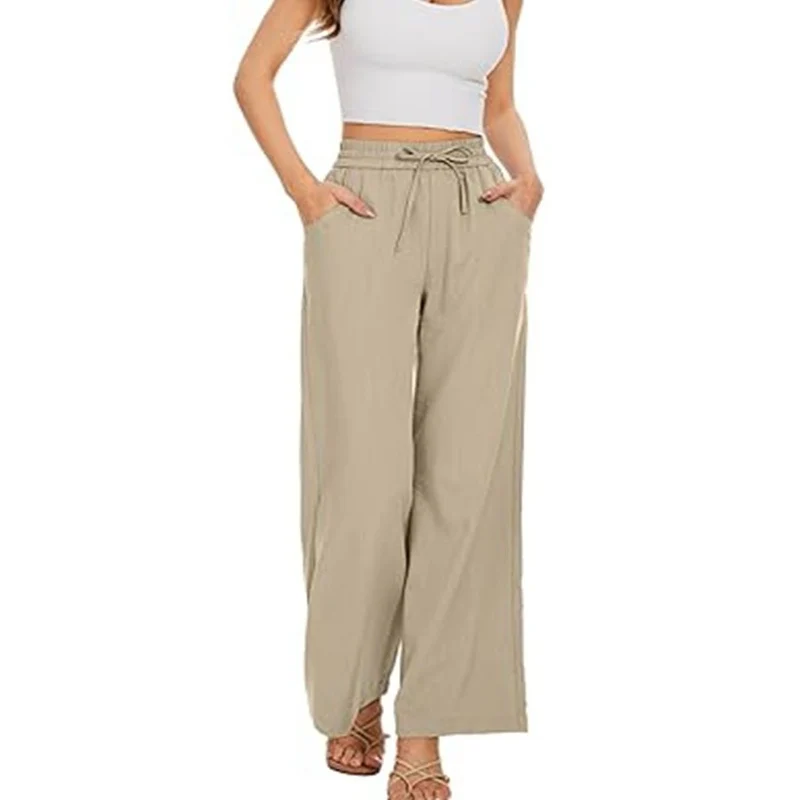 Damen Weite Leinenhose mit hohem elastischem Bund, Kordelzug und Eingrifftaschen Drune