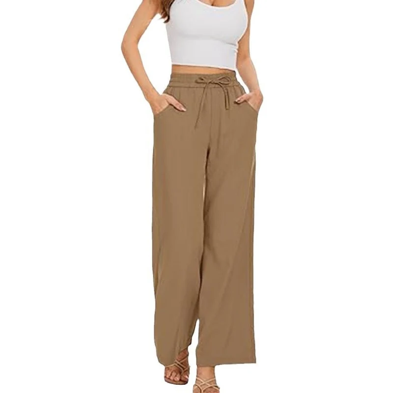 Damen Weite Leinenhose mit hohem elastischem Bund, Kordelzug und Eingrifftaschen Drune