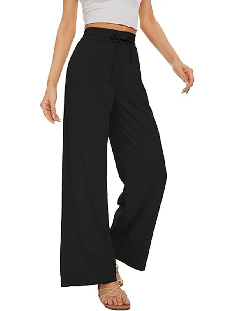 Damen Weite Leinenhose mit hohem elastischem Bund, Kordelzug und Eingrifftaschen Drune