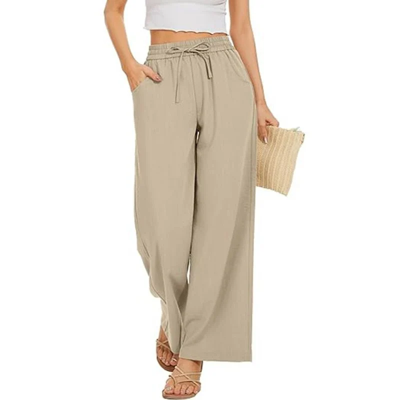 Damen Weite Leinenhose mit hohem elastischem Bund, Kordelzug und Eingrifftaschen Drune