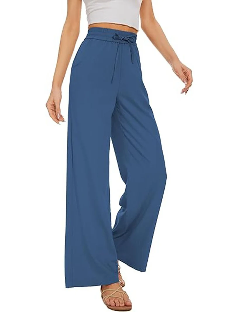 Damen Weite Leinenhose mit hohem elastischem Bund, Kordelzug und Eingrifftaschen Drune