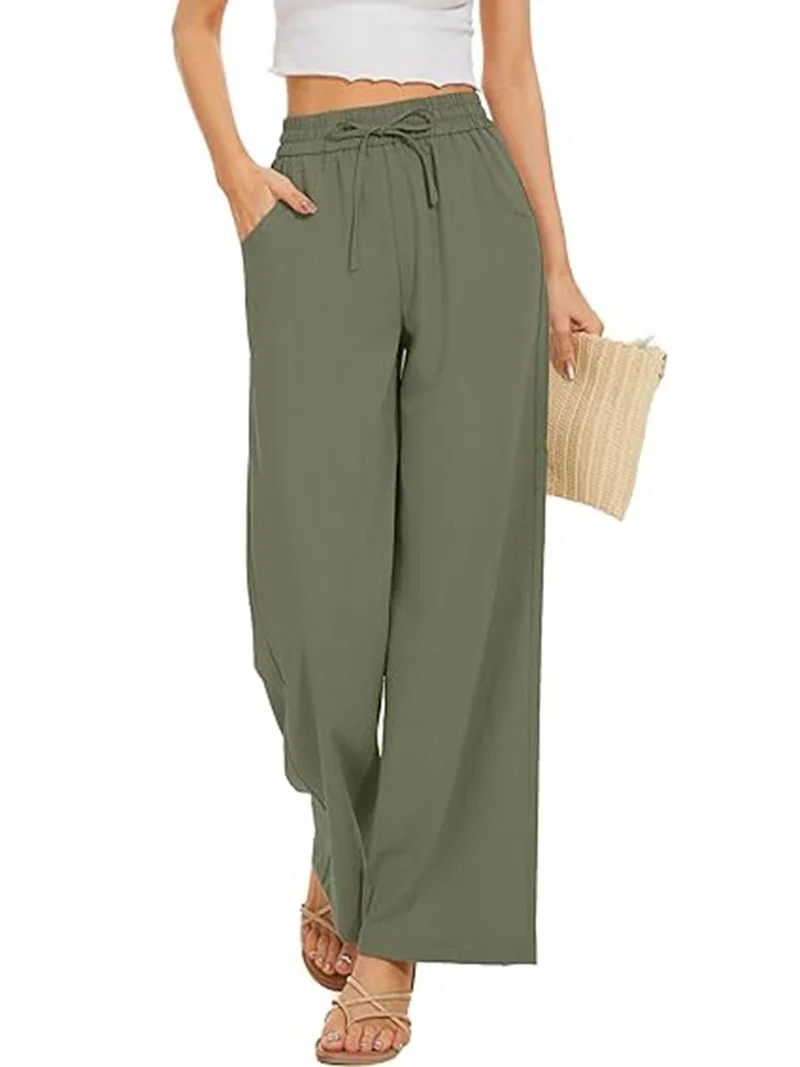 Damen Weite Leinenhose mit hohem elastischem Bund, Kordelzug und Eingrifftaschen Drune