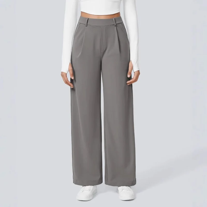 Damen Weite High‑Waist Palazzo‑Hose mit Bundfalten und Eingrifftaschen Drune