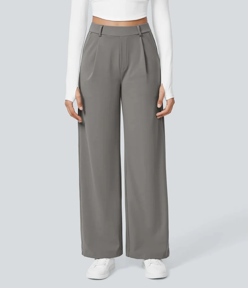 Damen Weite High‑Waist Palazzo‑Hose mit Bundfalten und Eingrifftaschen Drune