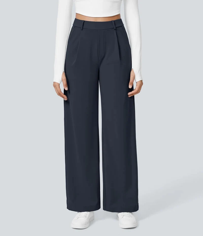 Damen Weite High‑Waist Palazzo‑Hose mit Bundfalten und Eingrifftaschen Drune