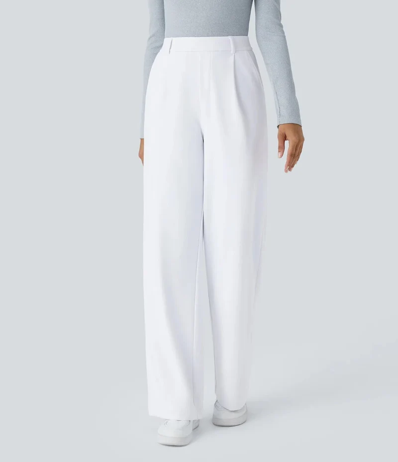 Damen Weite High‑Waist Palazzo‑Hose mit Bundfalten und Eingrifftaschen Drune