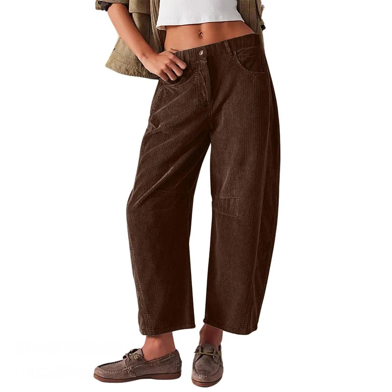 Damen Weite Cordhose mit hoher Taille, Cropped-Bein und Eingriffstaschen Drune
