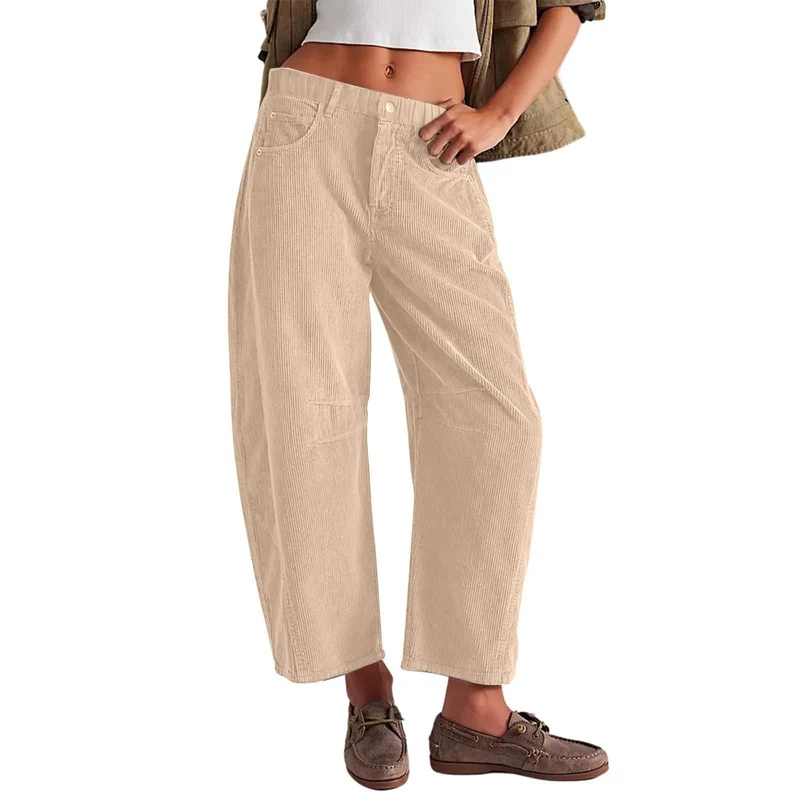 Damen Weite Cordhose mit hoher Taille, Cropped-Bein und Eingriffstaschen Drune
