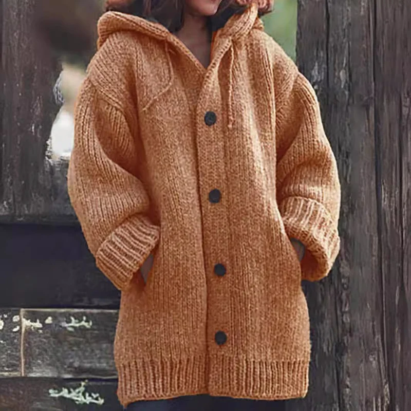 Damen weit geschnittener Kapuzen-Strickmantel mit Knopfleiste und Eingrifftaschen Drune