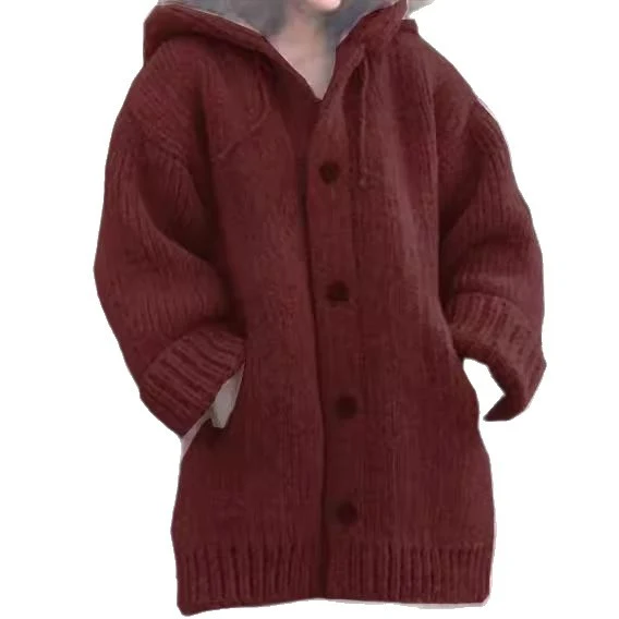 Damen weit geschnittener Kapuzen-Strickmantel mit Knopfleiste und Eingrifftaschen Drune
