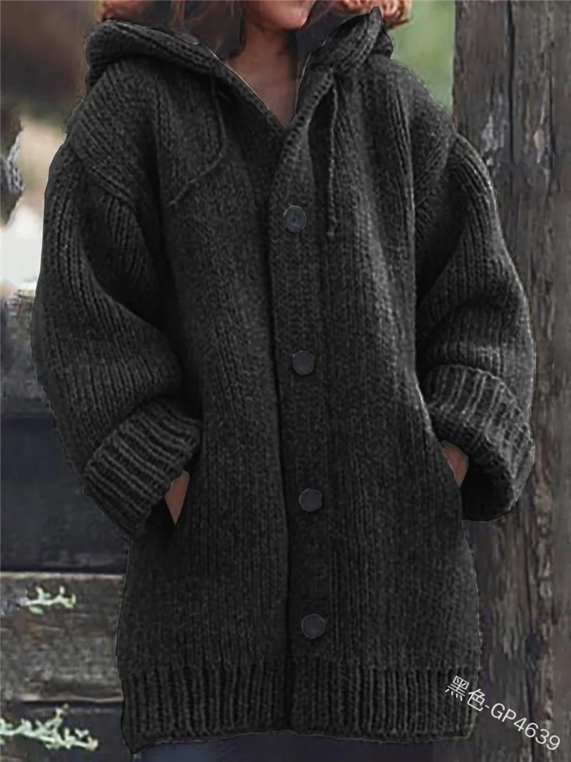 Damen weit geschnittener Kapuzen-Strickmantel mit Knopfleiste und Eingrifftaschen Drune