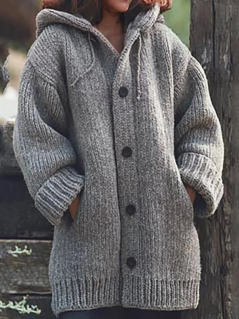 Damen weit geschnittener Kapuzen-Strickmantel mit Knopfleiste und Eingrifftaschen Drune
