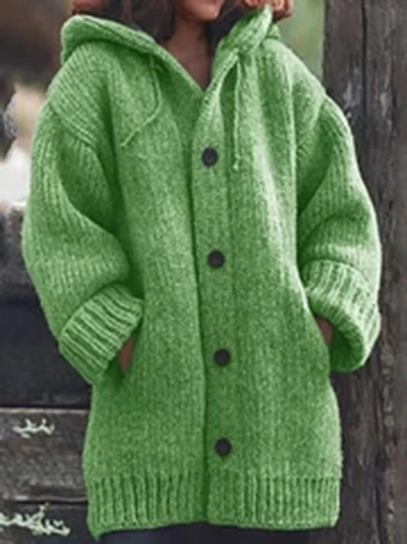 Damen weit geschnittener Kapuzen-Strickmantel mit Knopfleiste und Eingrifftaschen Drune