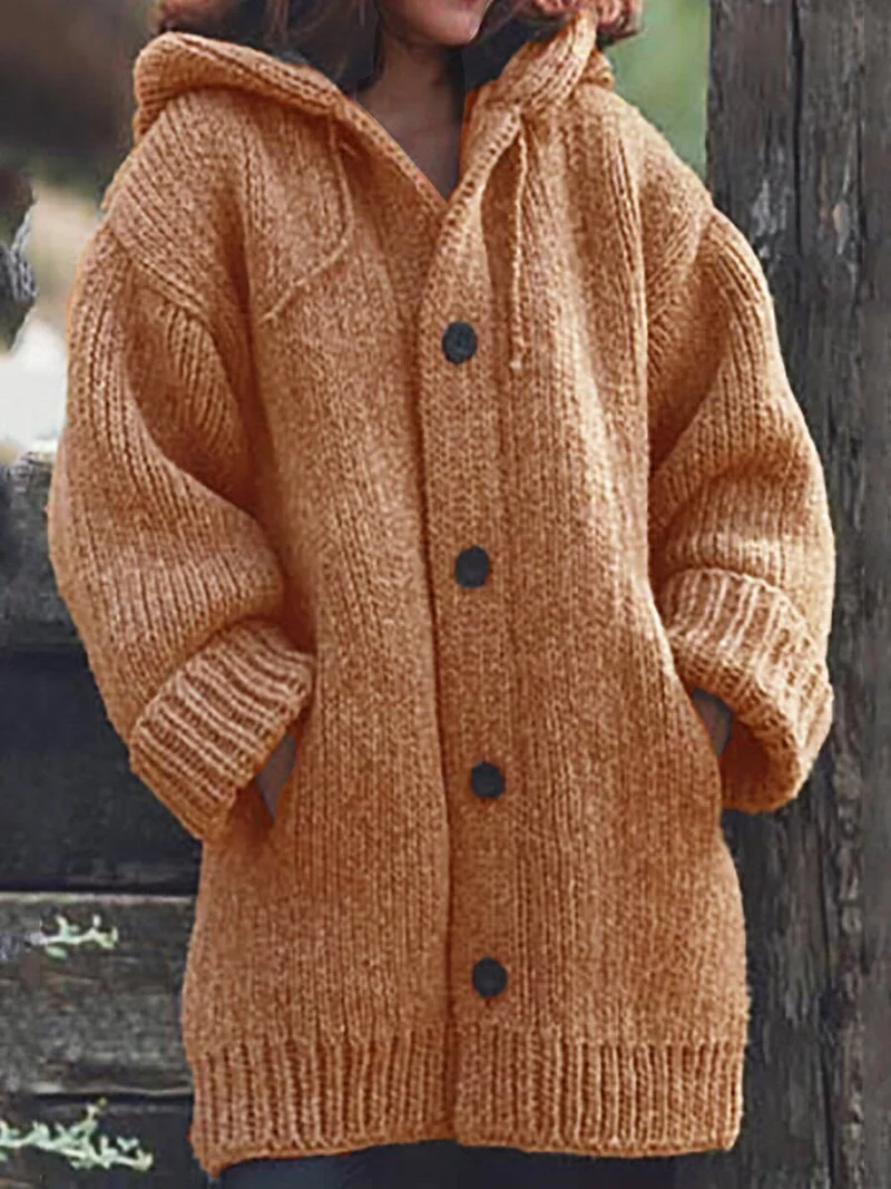Damen weit geschnittener Kapuzen-Strickmantel mit Knopfleiste und Eingrifftaschen Drune