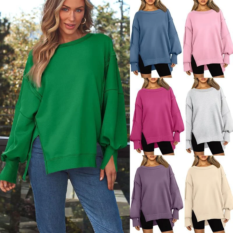 Damen Weiches Longline-Sweatshirt mit Ballonärmeln, seitlichen Schlitzen und geripptem Saum Drune