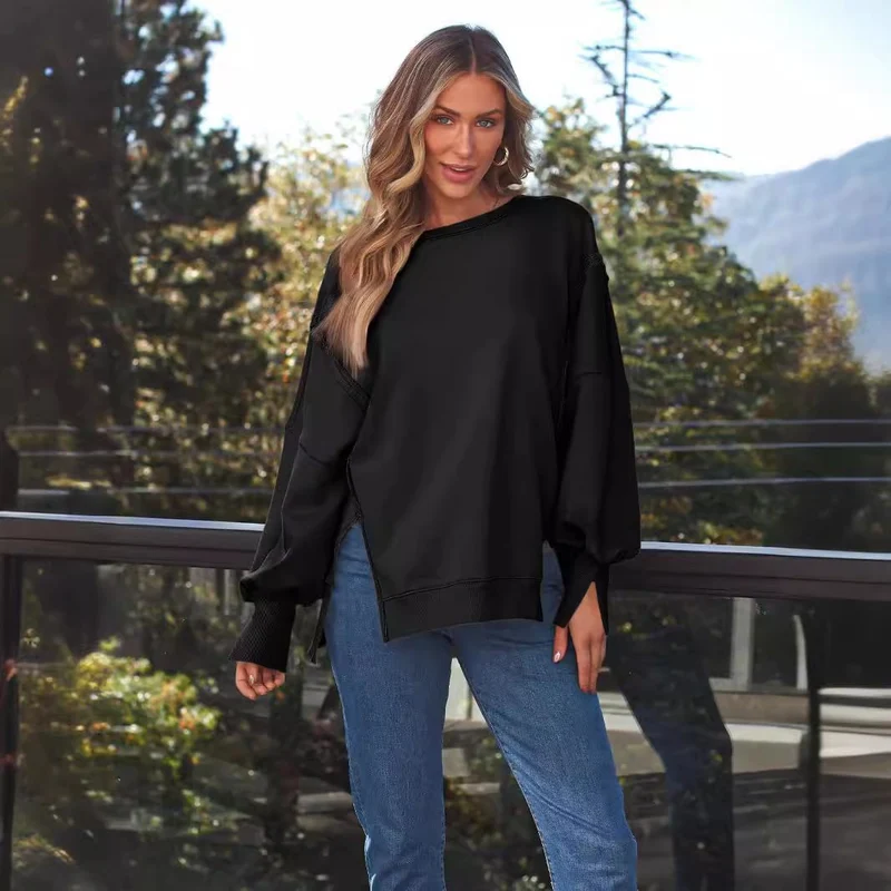 Damen Weiches Longline-Sweatshirt mit Ballonärmeln, seitlichen Schlitzen und geripptem Saum Drune