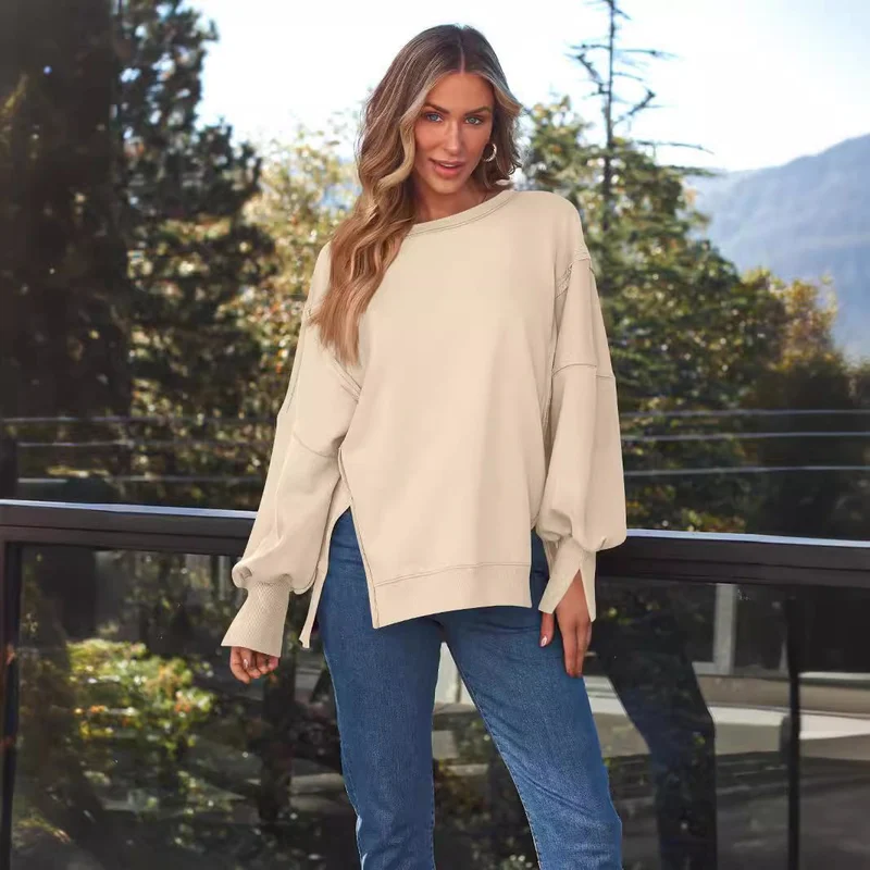 Damen Weiches Longline-Sweatshirt mit Ballonärmeln, seitlichen Schlitzen und geripptem Saum Drune