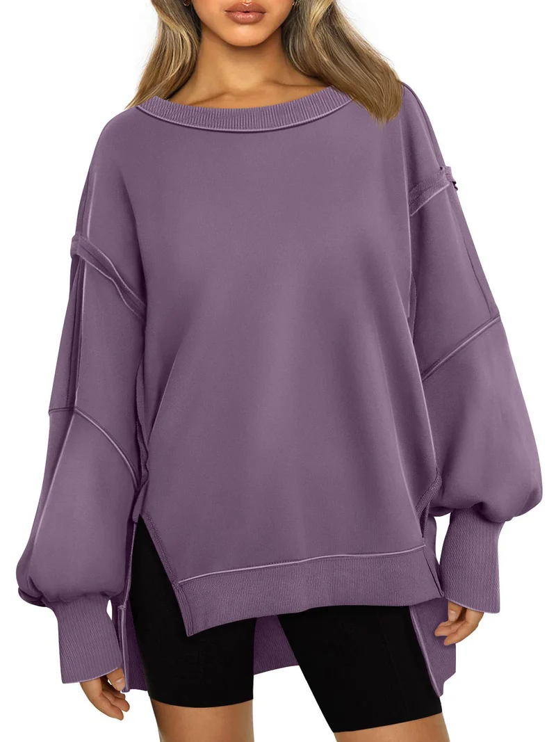 Damen Weiches Longline-Sweatshirt mit Ballonärmeln, seitlichen Schlitzen und geripptem Saum Drune