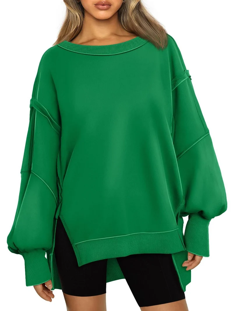 Damen Weiches Longline-Sweatshirt mit Ballonärmeln, seitlichen Schlitzen und geripptem Saum Drune