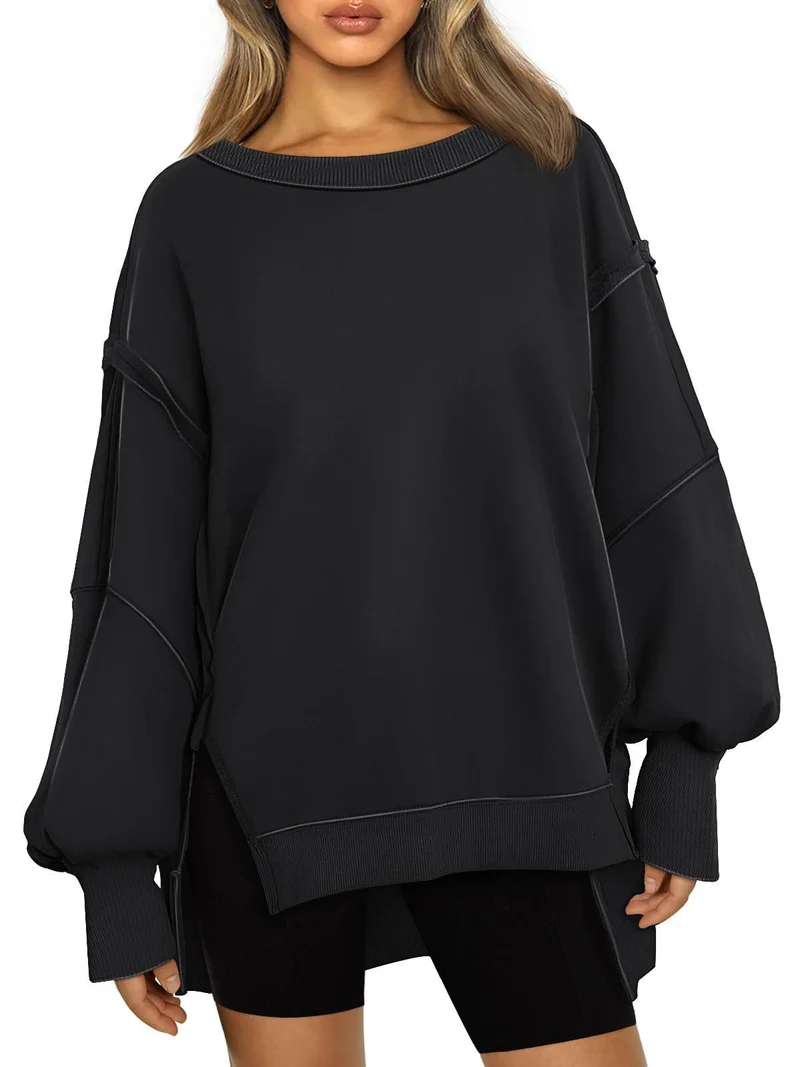 Damen Weiches Longline-Sweatshirt mit Ballonärmeln, seitlichen Schlitzen und geripptem Saum Drune