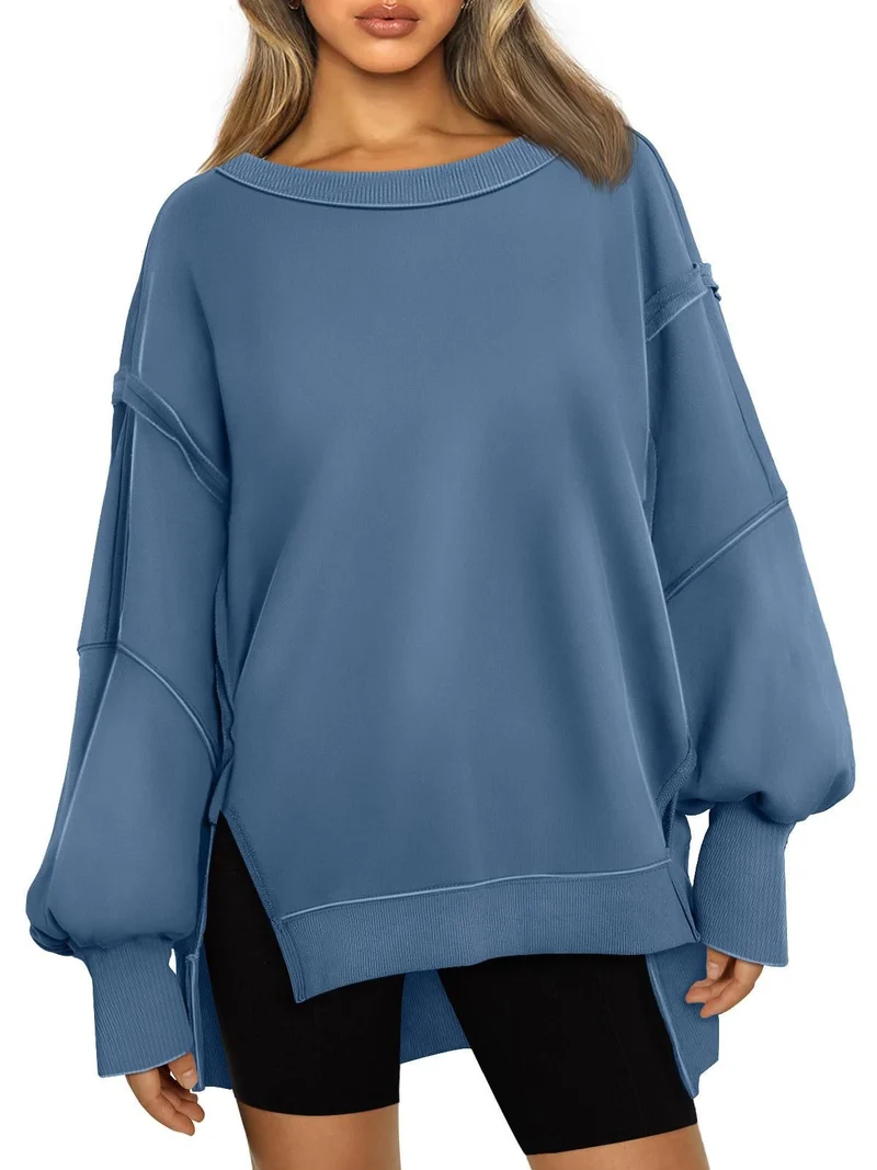 Damen Weiches Longline-Sweatshirt mit Ballonärmeln, seitlichen Schlitzen und geripptem Saum Drune