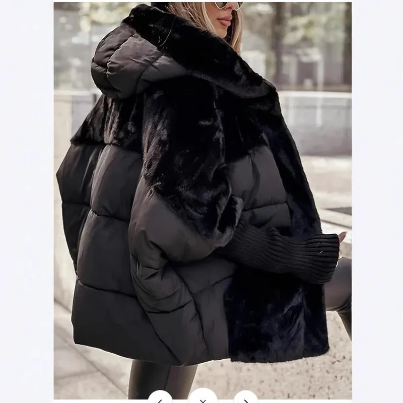 Damen Wattierter Oversize-Parka mit Kunstfellbesatz, Kapuze und Rippbündchen Drune