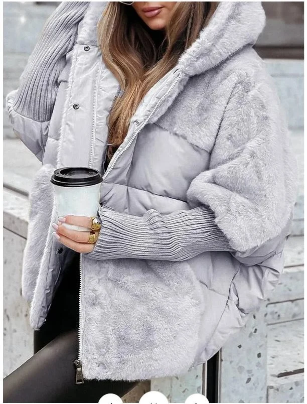 Damen Wattierter Oversize-Parka mit Kunstfellbesatz, Kapuze und Rippbündchen Drune