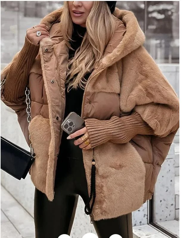 Damen Wattierter Oversize-Parka mit Kunstfellbesatz, Kapuze und Rippbündchen Drune