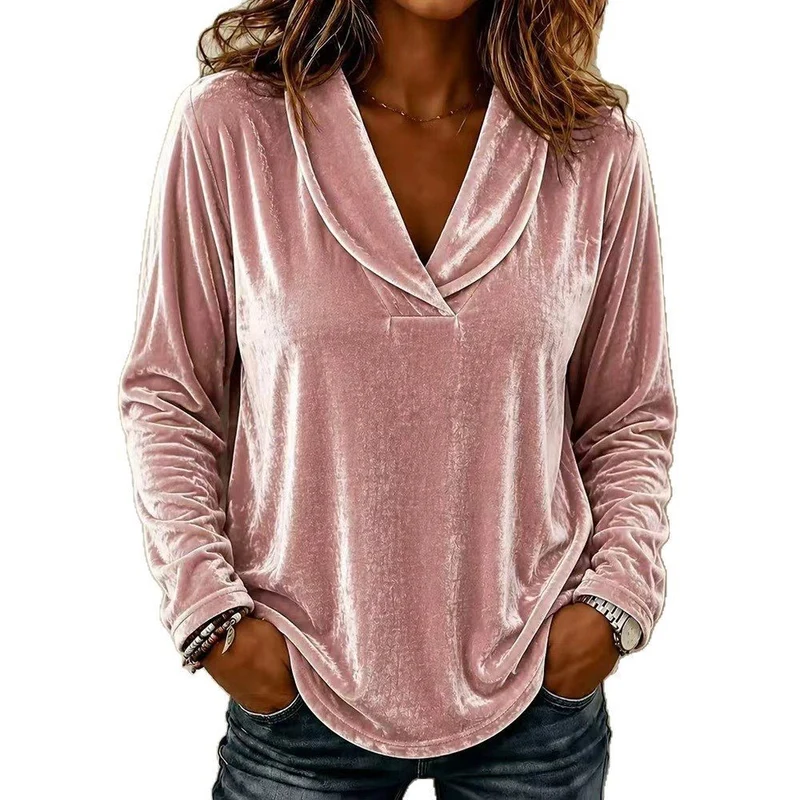 Damen Velours-Longsleeve mit tiefem Schalkragen und gerundetem Saum Drune